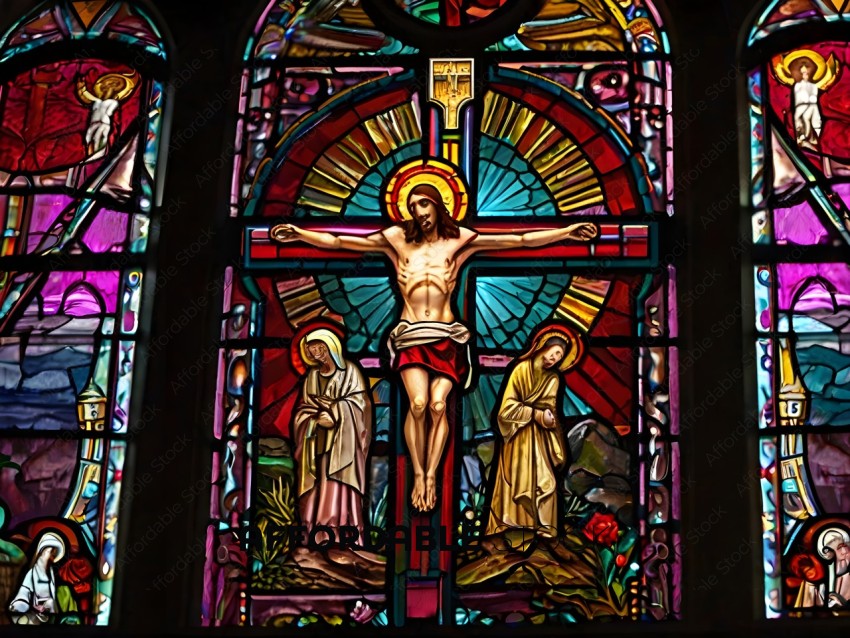 A stained glass window of Jesus on the cross