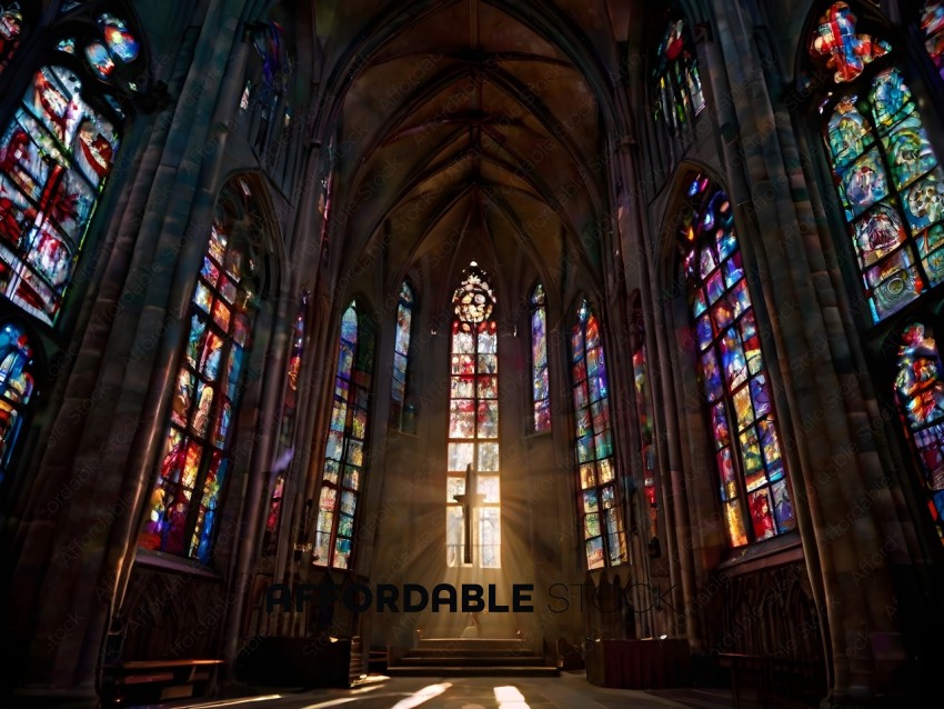 A church with stained glass windows and a sunbeam shining through the window