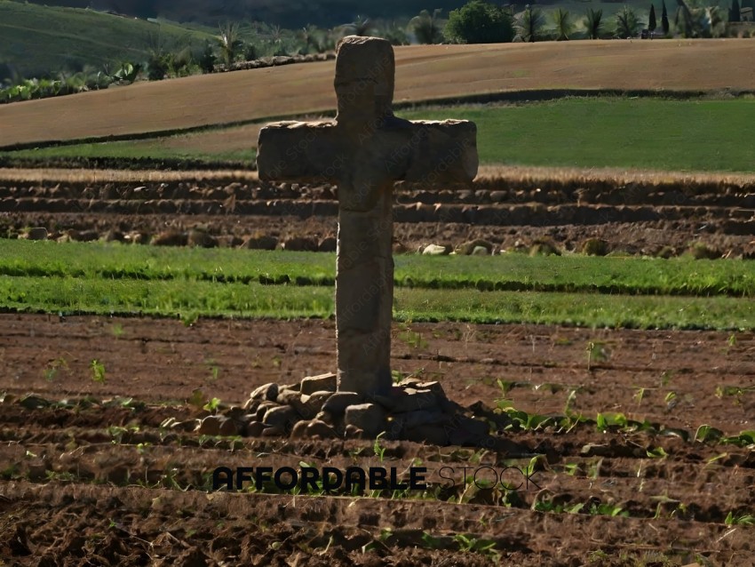 A large rock cross in a field