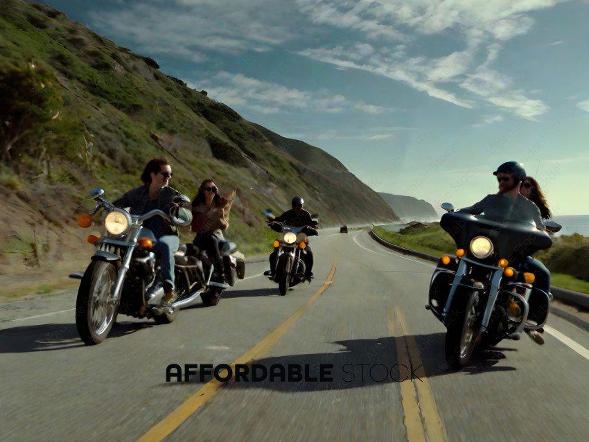 Three people riding motorcycles on a road