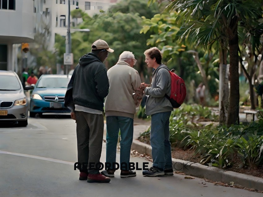 Three people standing on a sidewalk talking