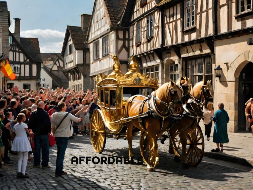 A golden carriage being pulled by two horses
