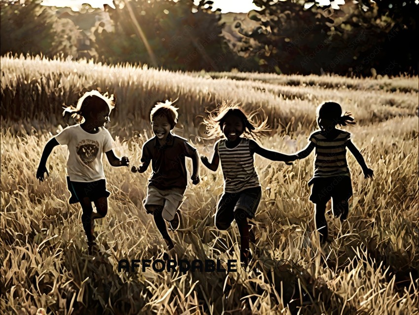 Four children running through a field of wheat
