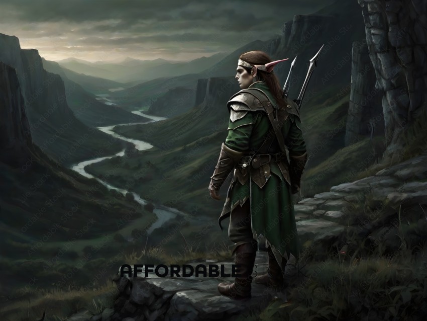A man in a green outfit stands on a rocky cliff overlooking a valley