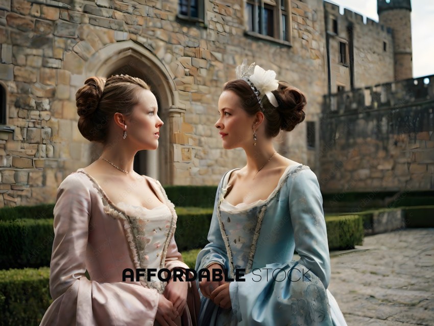 Two women in period costumes, one in pink and one in blue, stare at each other