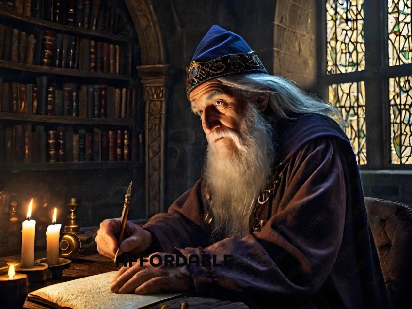 An old man writing in a book