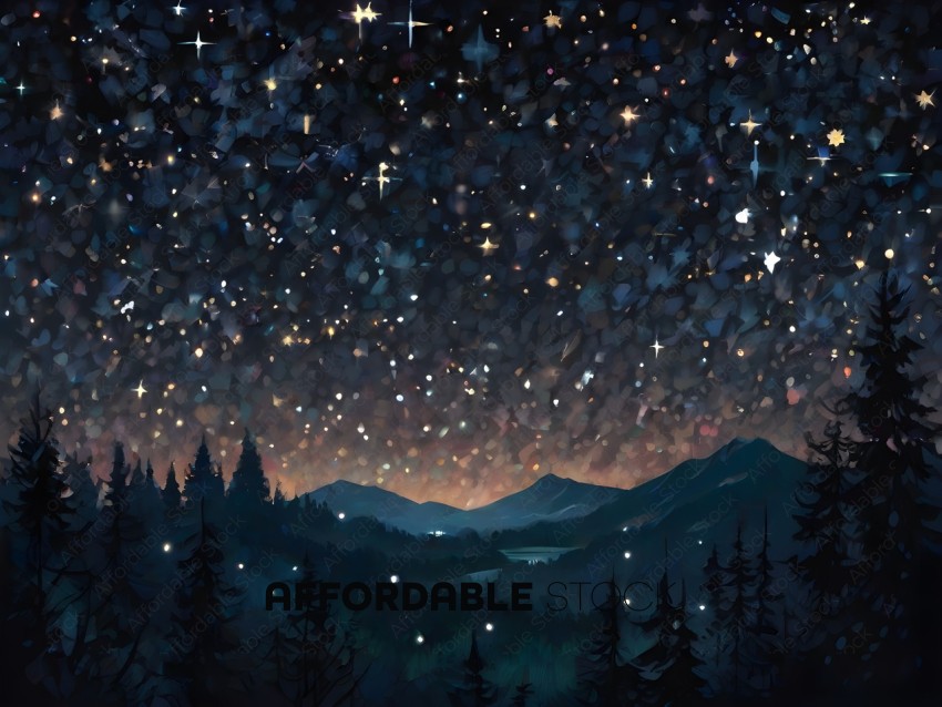 A nighttime scene of a mountain range with stars