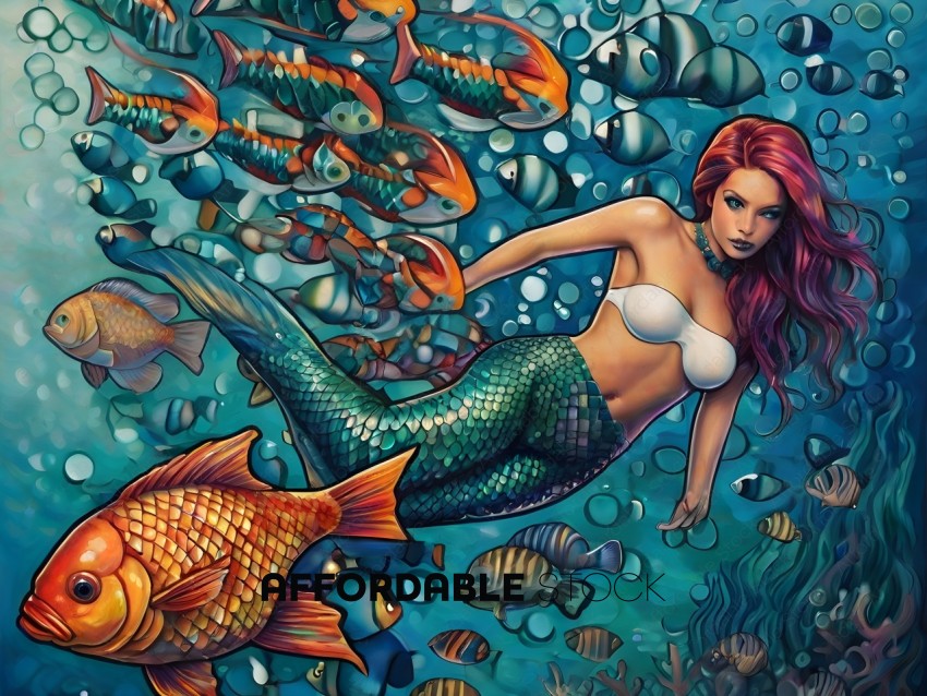 A mermaid swims among fish and other sea creatures