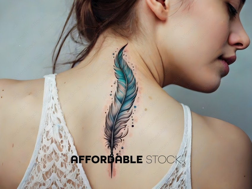 A woman with a tattoo of a feather on her back