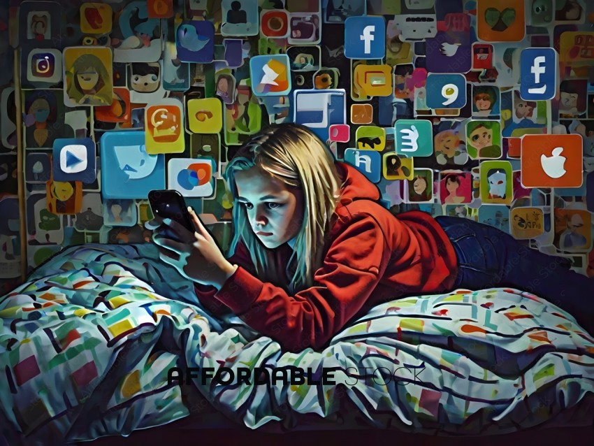 A girl laying on a bed looking at her phone