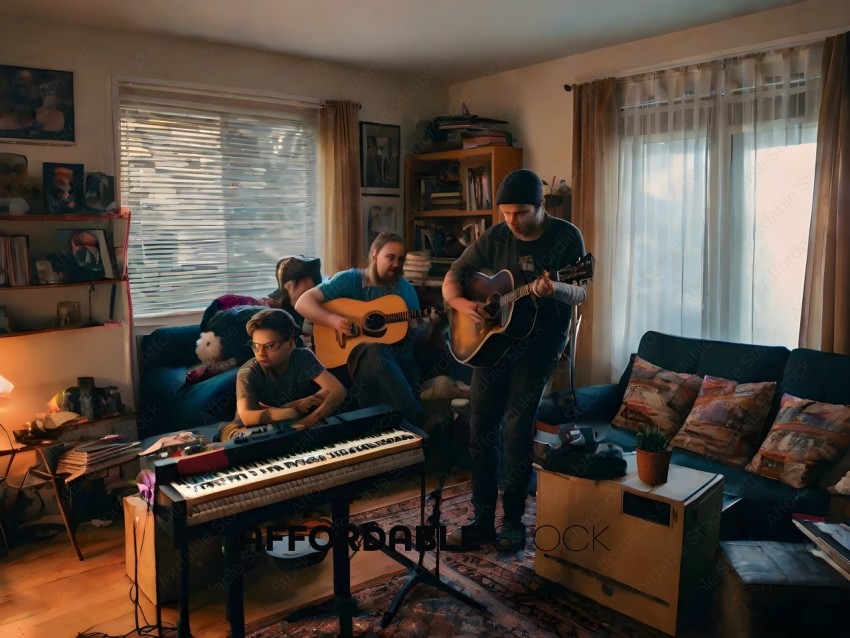 Four men playing music in a living room