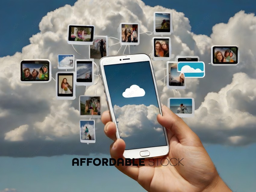 A person holding a cell phone with a cloud and people on the screen
