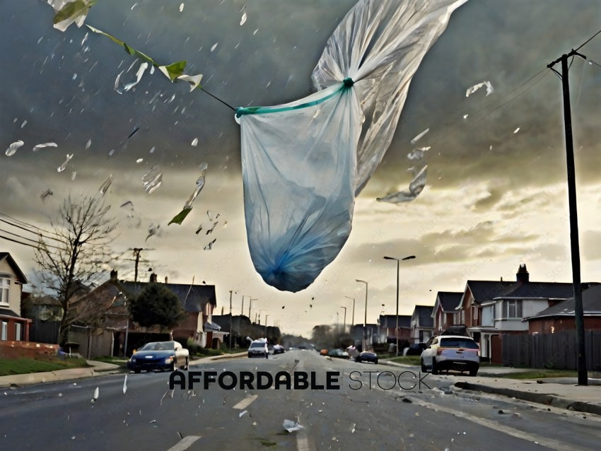 A bag is flying through the air on a cloudy day