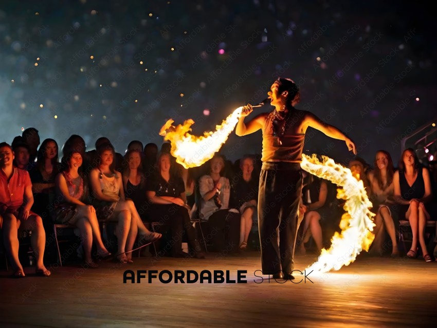 Man with fire breathing act in front of an audience