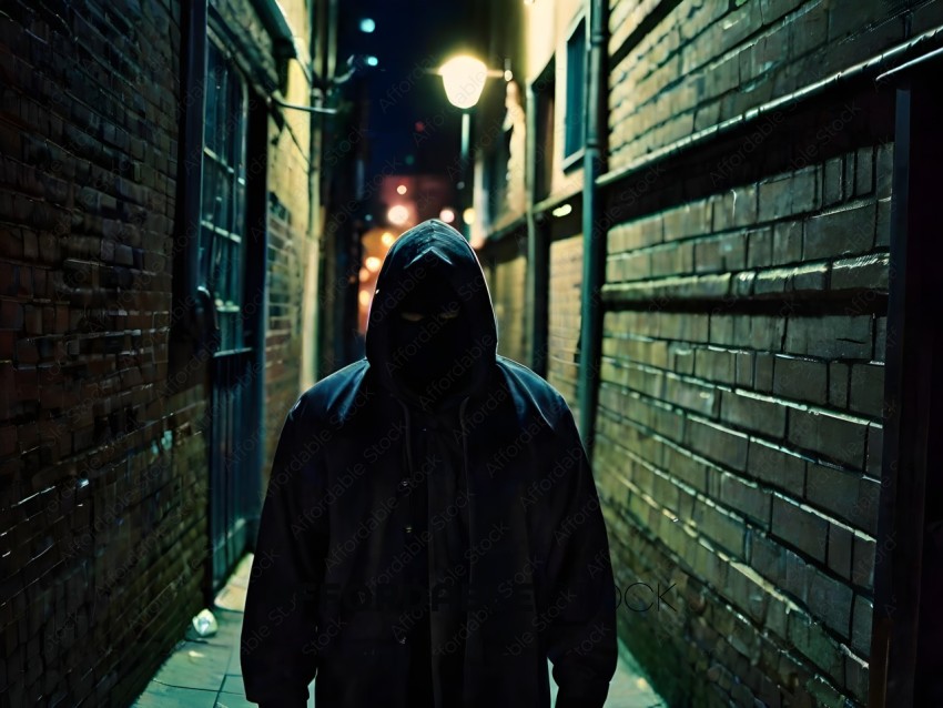 A person in a black hooded sweatshirt walking down a dark alley