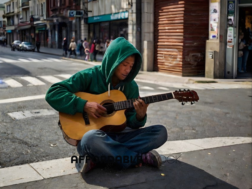 A man in a green hoodie playing guitar on the street