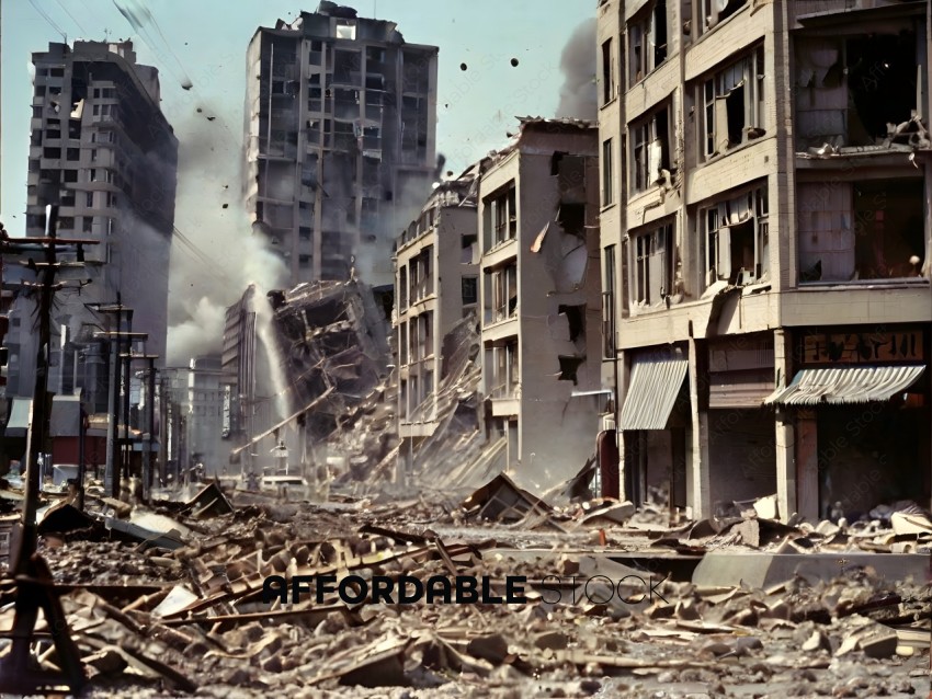 A destroyed city with rubble and smoke