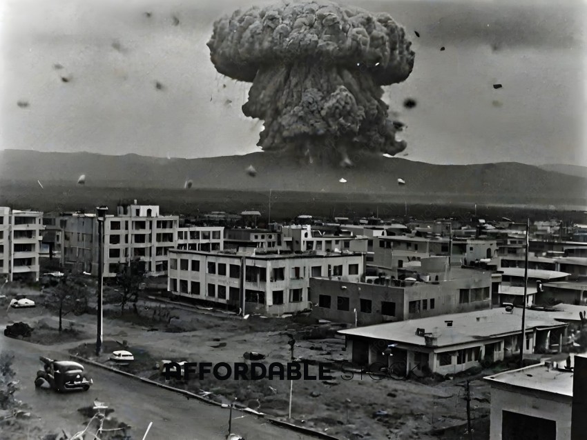 A black and white photo of a mushroom cloud over a city