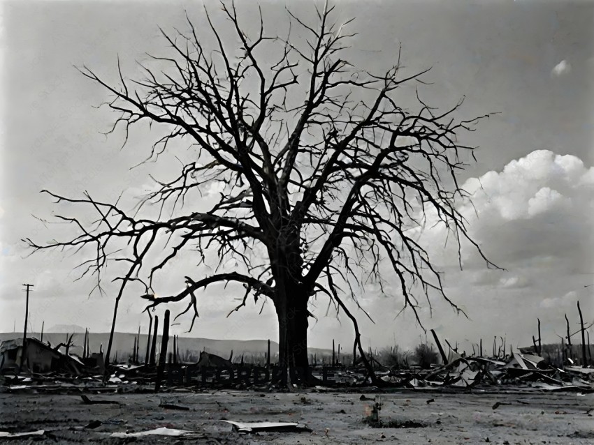 A barren tree in a barren landscape