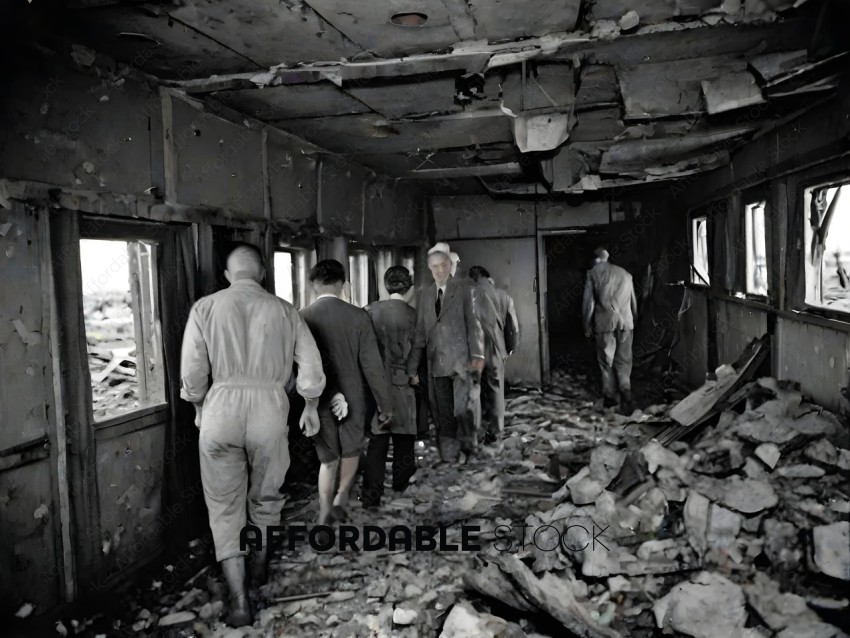 A group of men in a destroyed building