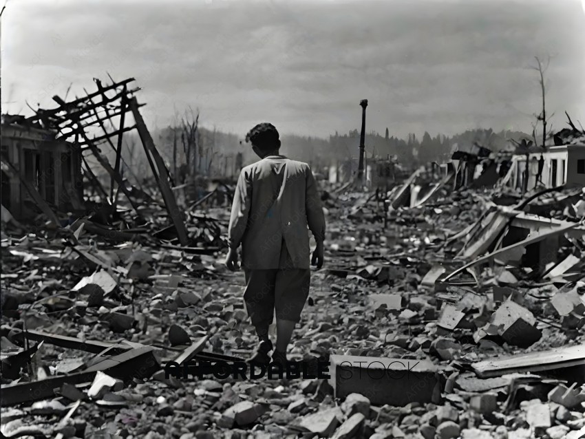 A man walks through a destroyed landscape