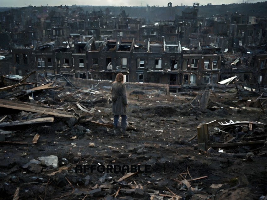 A person standing in a destroyed city