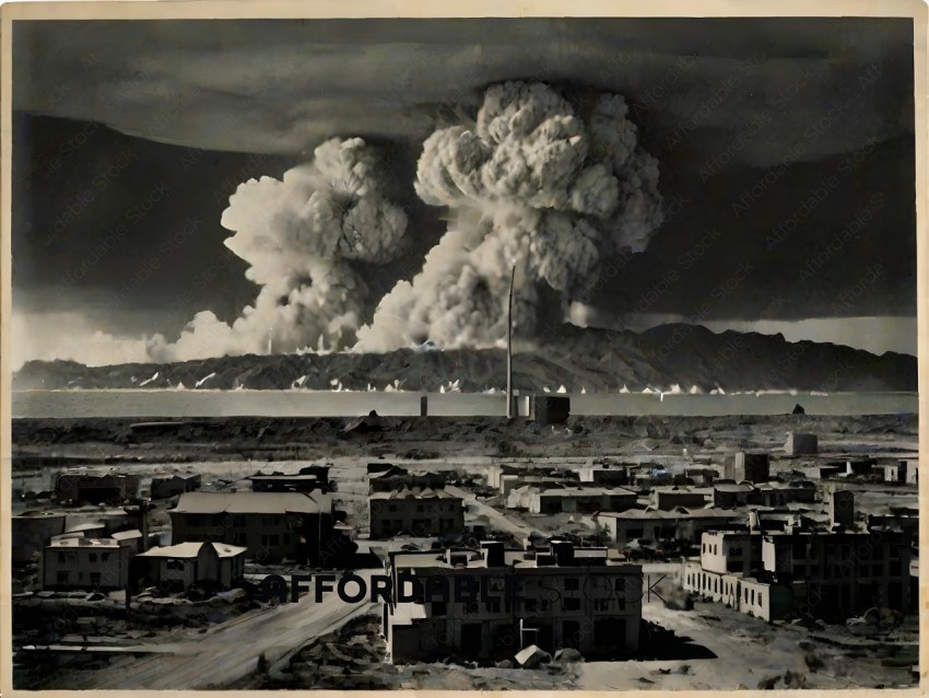 A black and white photo of a city with a large explosion in the background
