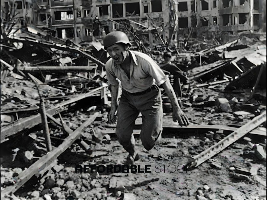 A man running through rubble