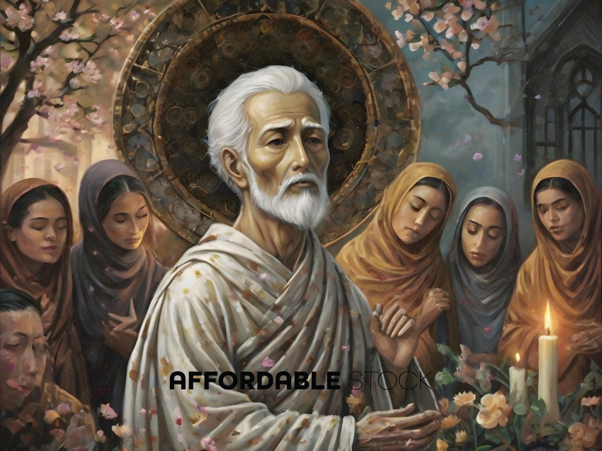 A painting of a religious figure with a group of people