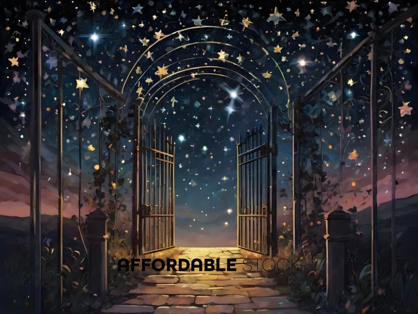 A painting of a pathway leading to a gate with stars in the background