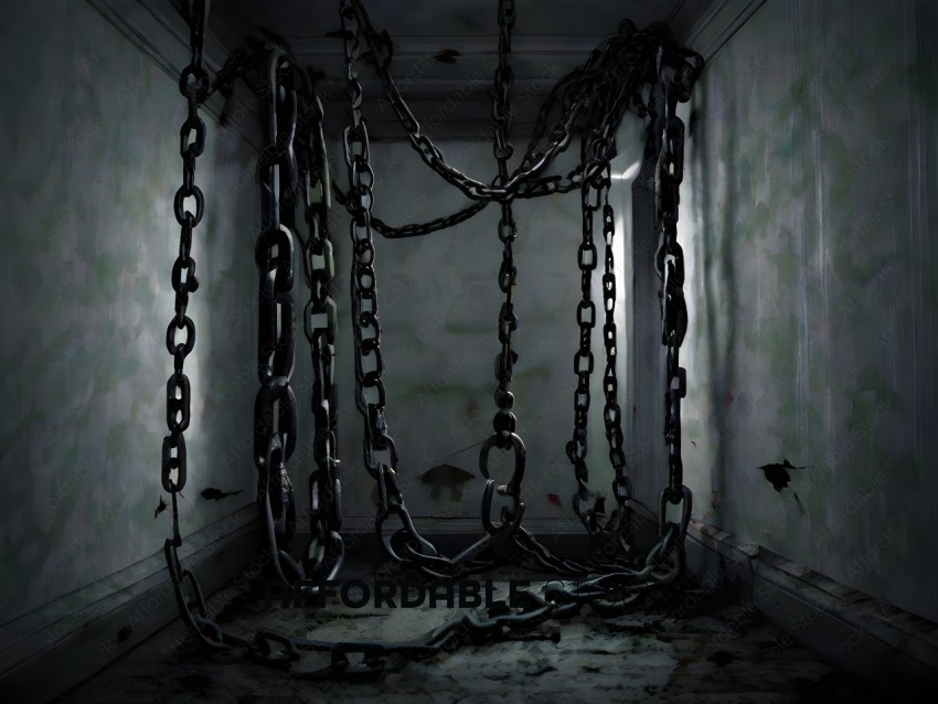 Chains hanging from ceiling in a dark room