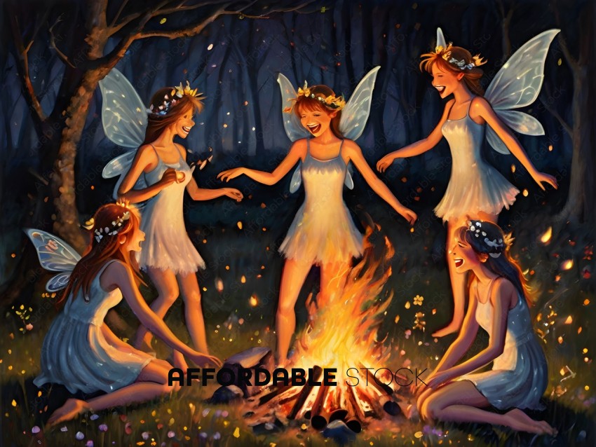 A group of fairies are gathered around a fire