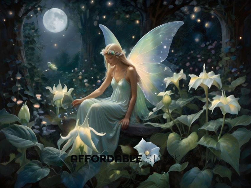 A fairy sits in a garden at night