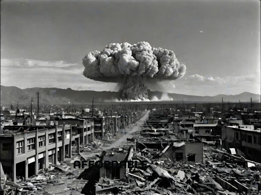 A black and white photo of a bomb exploding in a city