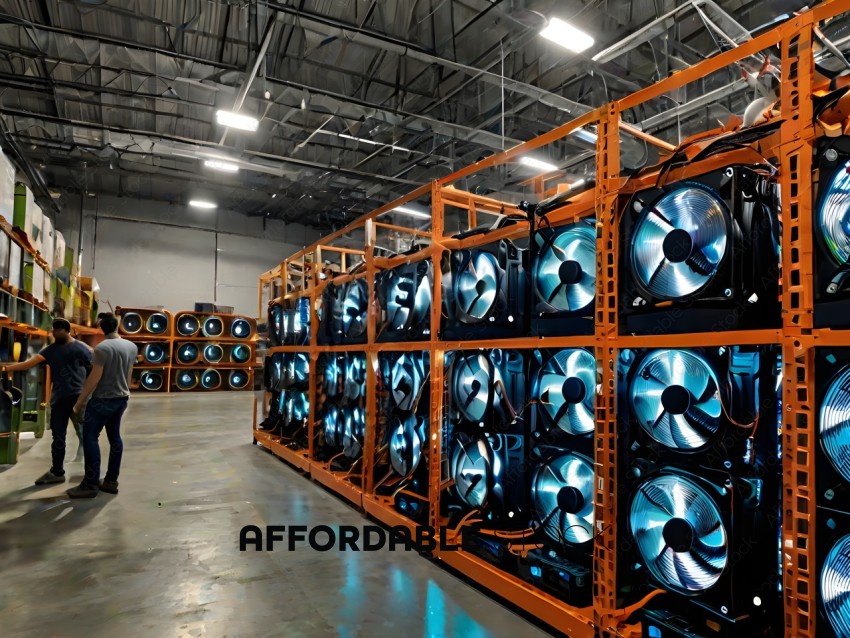 A row of fans with blue lights