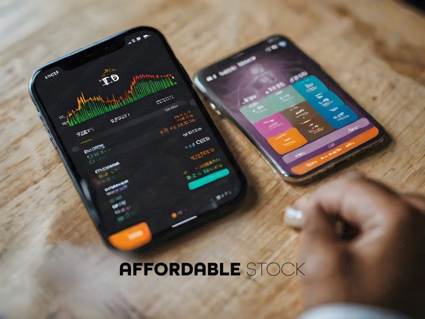 Two smartphones on a wooden table, one with a stock market app