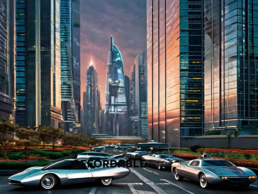 Futuristic city with flying cars and skyscrapers