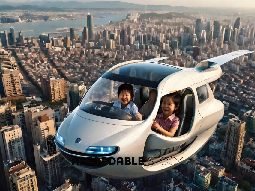 Two Asian Children Riding in a Futuristic Air Vehicle