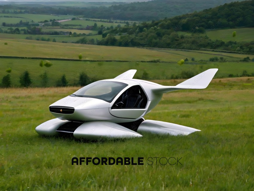 A futuristic vehicle sits in a grassy field