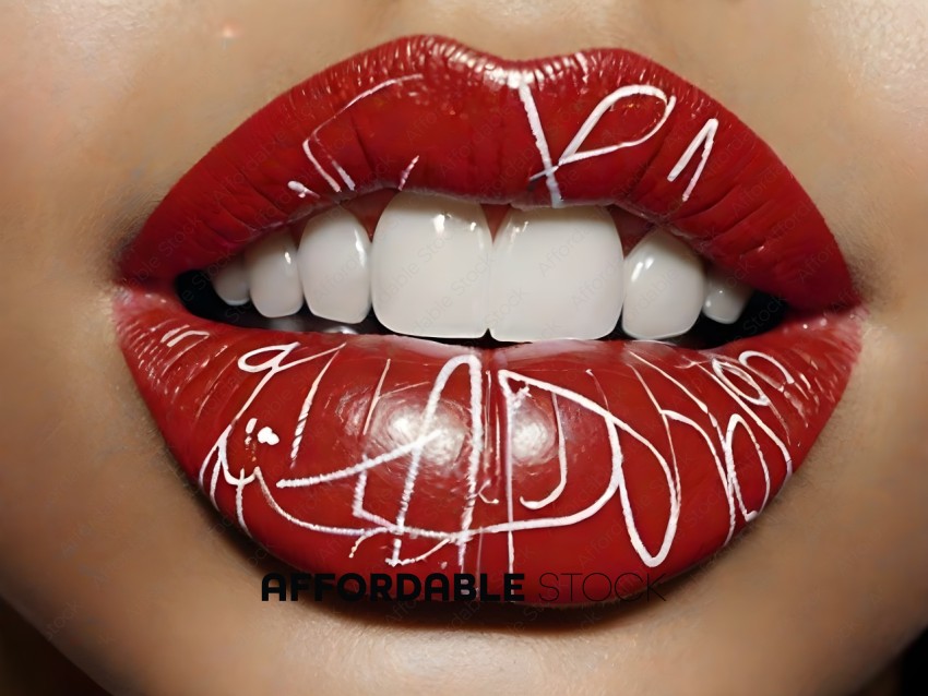 A close up of a woman's red lipstick with white lettering