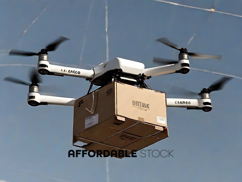A white drone carrying a cardboard box