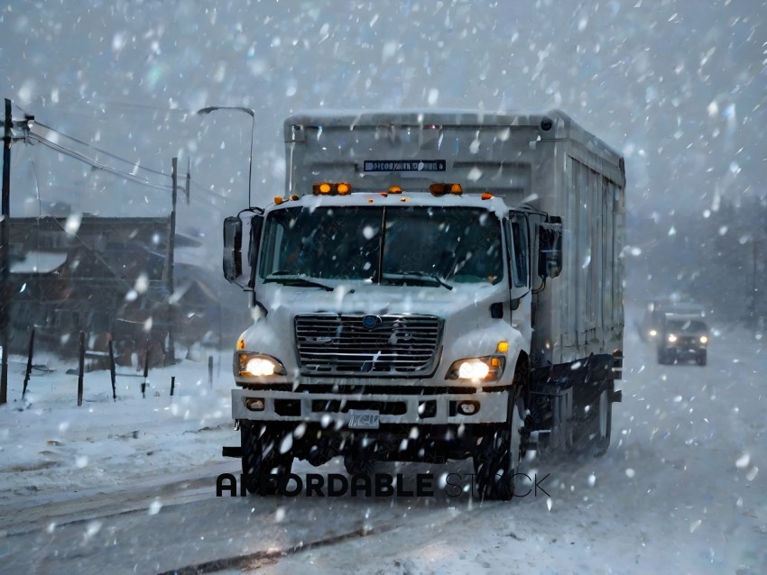 A snowy truck driving down a snowy road
