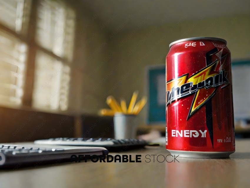 A can of energy drink on a desk