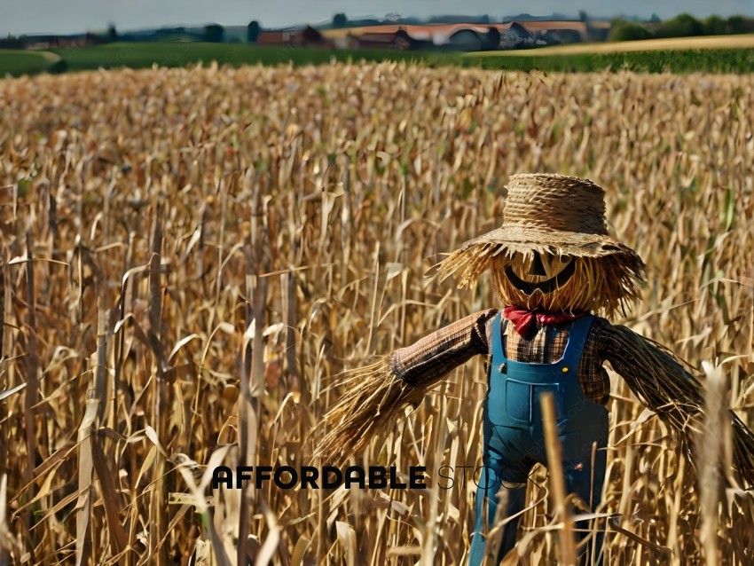 A scarecrow wearing a straw hat and overalls