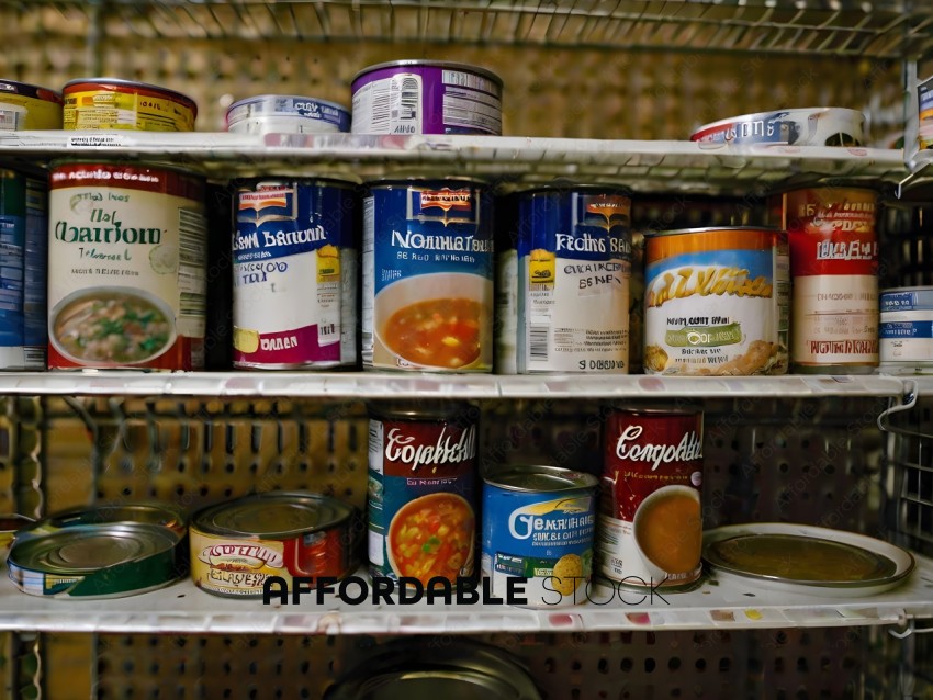 A variety of canned foods on a shelf