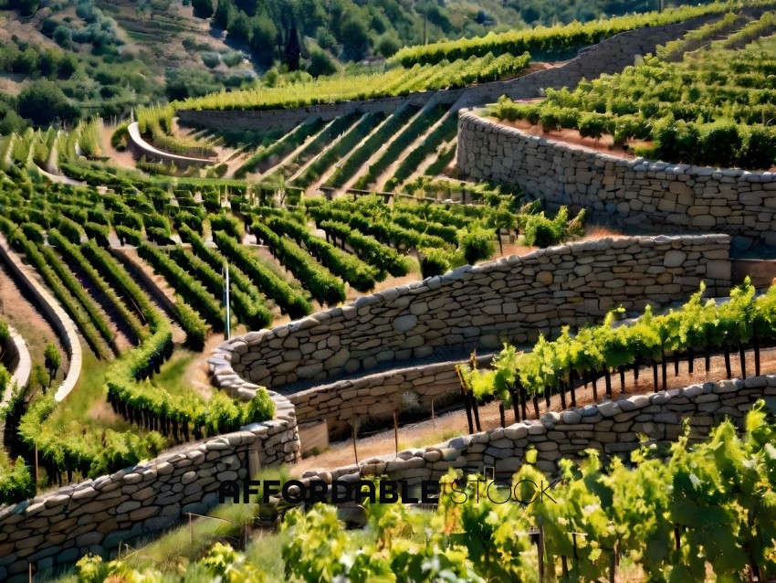A vineyard with a stone wall and a pathway