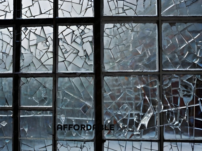 Broken glass window with snow on the ground