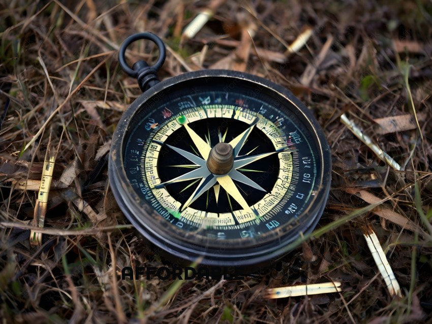 A compass with a black face and gold trim
