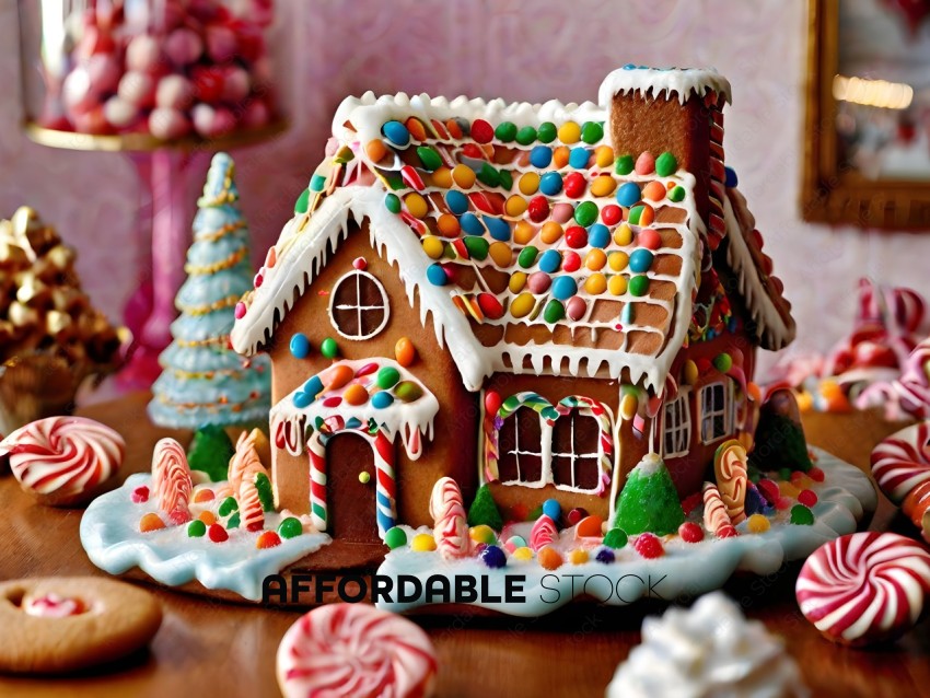 A gingerbread house with candy decorations