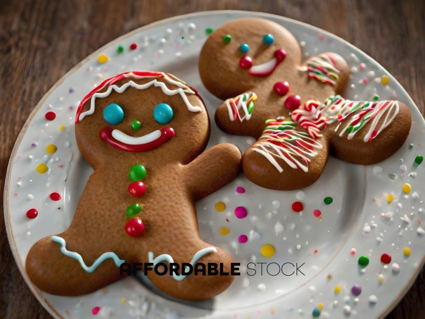 A plate of two gingerbread men with icing and sprinkles